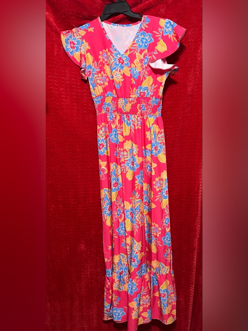 Women's Pink Floral Maxi Dress with Flutter Sleeves